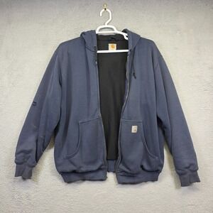 Carhartt Hoodie Mens L Blue Thermal Lined Thrashed Rugged Destroyed Grunge FLAWS